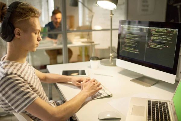 Serious Hipster Computer Programmer Developing App While Composing Code Sitting — Stock Photo, Image