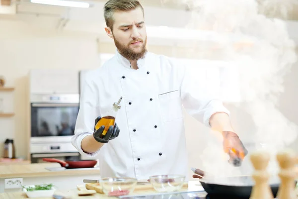 Portrait Handsome Professional Chef Working Modern Restaurant Kitchen Standing Wooden — Stock Photo, Image