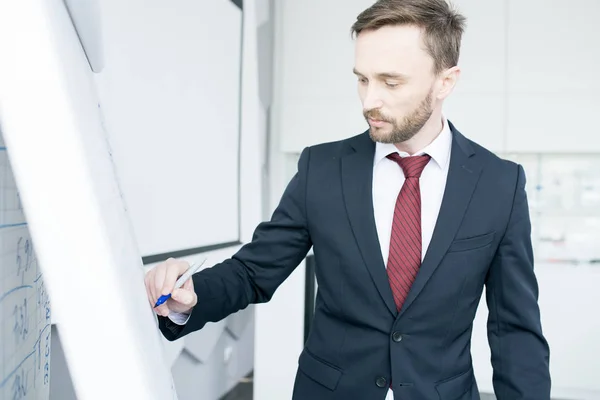 Waist Portrait Handsome Businessman Writing Whiteboard Explaining Marketing Strategy Meeting — Stock Photo, Image