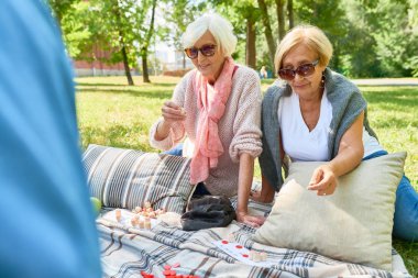 Piknik Park yeşil çim üzerinde zevk arkadaş grubu Loto oynarken iki neşeli üst düzey kadın portresi
