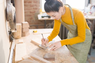 Ahşap modern marangozlar fabrikada çalışan modern kadın esnaf yan görünümü portresi