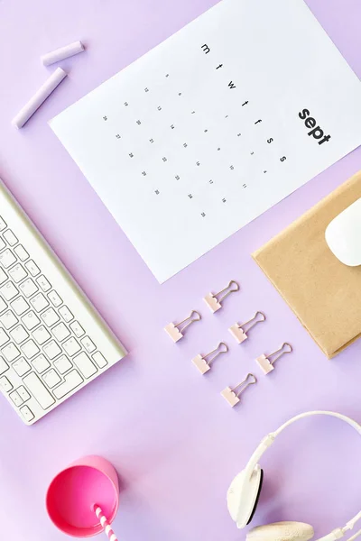 View Flatlay Composition Girly Lifestyle Items Pastel Purple Background Computer — Stock Photo, Image