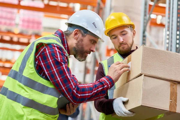 Side View Porträtt Två Frakt Arbetare Märkning Kartong För Leverans — Stockfoto