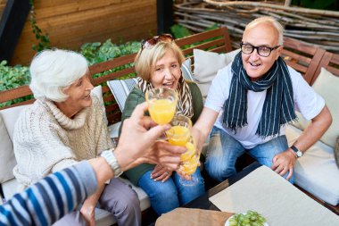 İki emekli çiftler tungur suyu gözlük büyük ev açık terasta öğle yemeği için toplantı toasting portresi