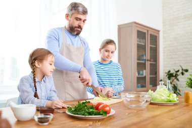 İki kız öğretim vasıl ev, mutfak kesme sebze yemek ve salata çatalı olgun sakallı adam portresi