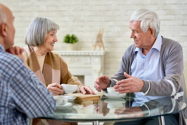 Grupo Personas Mayores Charlando Tomando Disfrutando Tiempo Casa Retiro Espacio — Foto de Stock