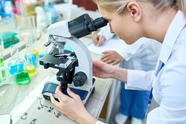 Trabajadora Laboratorio Joven Seria Retorciendo Perillas Mientras Trabaja Con Microscopio —  Fotos de Stock