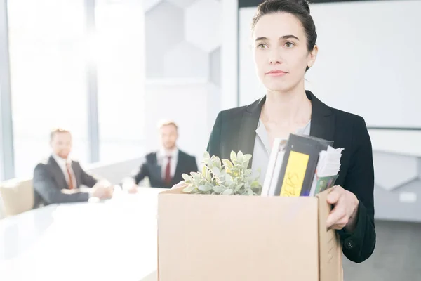 Waist Portrait Young Businesswoman Holding Box Personal Belongings Leaving Office — Stock Photo, Image