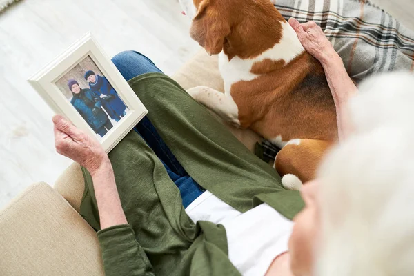 View Portrait Unrecognizable Senior Woman Holding Photograph Remembering Husband While — Stock Photo, Image