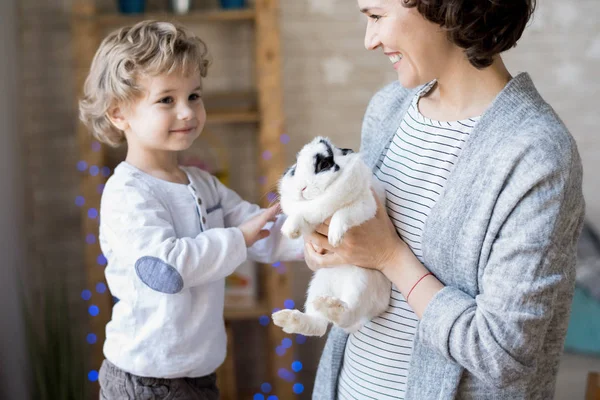 Portrait of cute curly haired blond boy playing with white pet bunny while celebrating Easter at home with mother