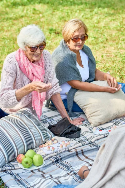 Portrait Two Cheerful Senior Friends Playing Lotto Enjoying Picnic Green — Stock Photo, Image