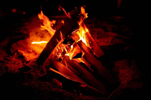 Close Lenha Queimando Logs Fogueira Colocada Areia Livre Noite — Fotografia de Stock