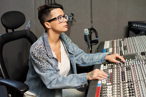 Side View Stylish Woman Denim Using Control Board While Working — Stock Photo, Image