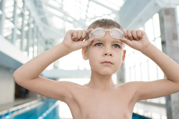 Serious Determined Male Kid Looking Distance Preparing Training Swimming Pool Royalty Free Stock Images