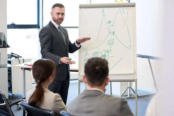 Portrait Bearded Business Coach Standing Whiteboard Giving Presentation Audience Pointing — Stock Photo, Image