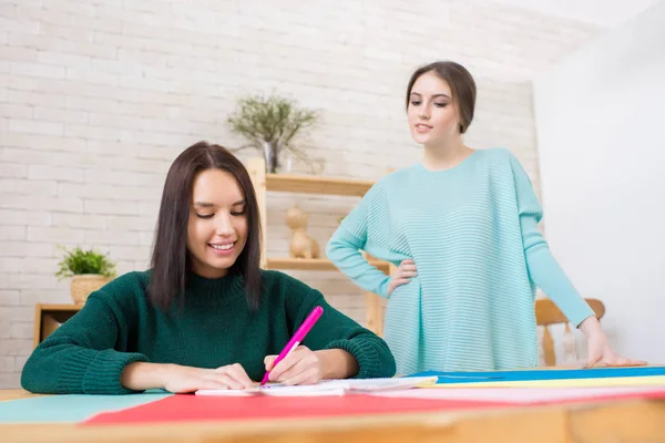 Attractive Young Architect Wearing Knitted Sweater Sitting Wooden Desk Working — Stock Photo, Image