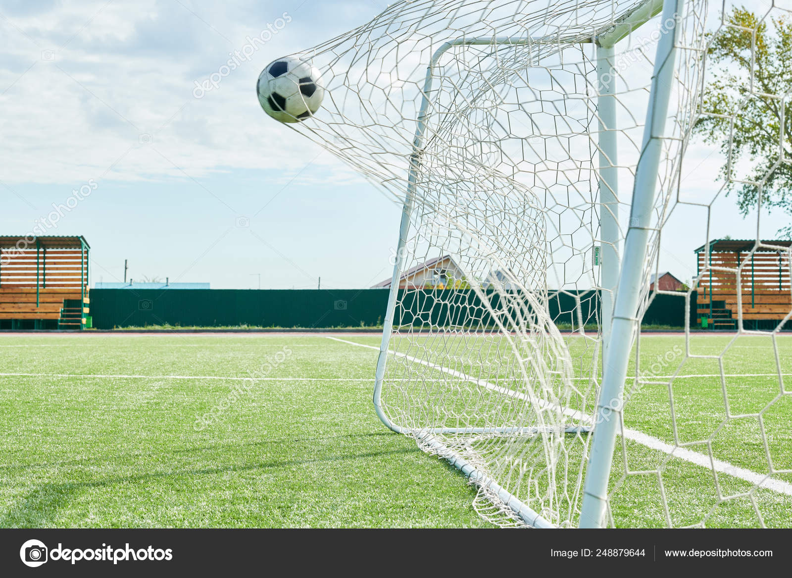 Sports Background Football Ball Gate Net Field Outdoors Copy Space Stock Photo Image By C Seventyfour