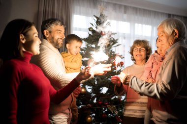Birlikte Yeni Yılı kutlayan büyük mutlu aile portresi ve aydınlatma kıvılcım kadar Bel
