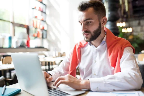 Portrait Successful Young Entrepreneur Using Laptop While Working Cafe Copy — Stock Photo, Image