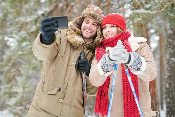 Taille Hoch Portrait Eines Aktiven Jungen Paares Das Selfie Fotos — Stockfoto