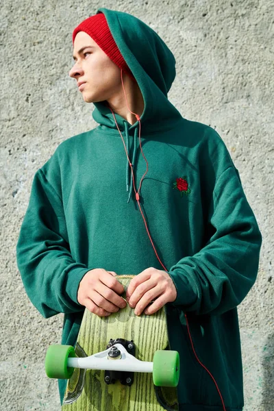 Waist Portrait Contemporary Teenager Wearing Hoodie Holding Longboard Posing Concrete — Stock Photo, Image