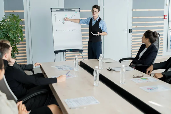 Serious Confident Young Male Business Analyst Glasses Holding Tablet Standing — Stock Photo, Image