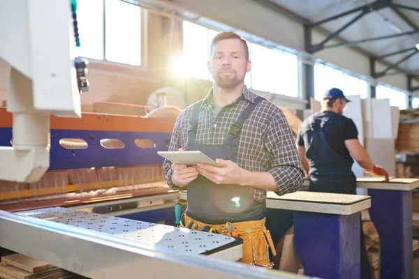 Content Confident Handsome Young Worker Overall Wearing Tool Belt Standing — Stock Photo, Image