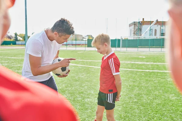 Portrait Coach Talking Teenage Football Player Giving Instructions Outdoor Field — Stock Photo, Image