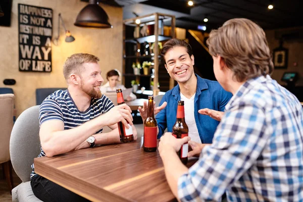 Jolly ecstatic young male friends in casual clothing, sitting at table in bar and sharing funny stories while drinking beer together