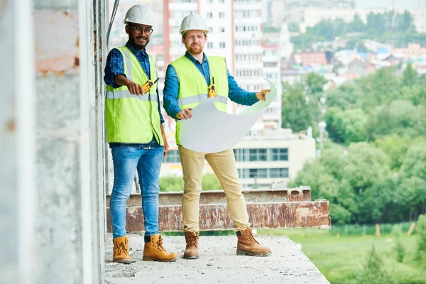 Dois Homens Chapéus Duros Coletes Segurando Planta Enquanto Inspecionando Edifício — Fotografia de Stock