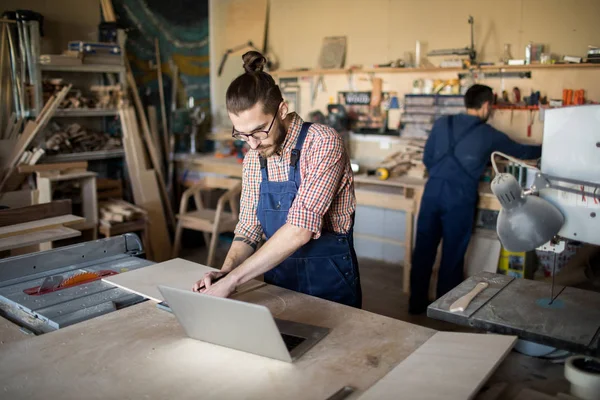 Portrait Two Workers Carpenters Workshop Focus Modern Young Man Using — Stock Photo, Image