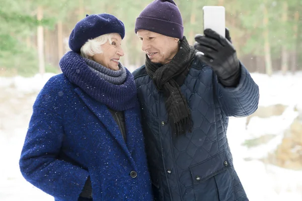 腰部向上的可爱的老年夫妇拍摄自拍照片 同时享受在冬季公园散步 — 图库照片