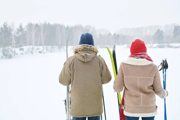 后视图活动的年轻夫妇看美丽的冬季景观 同时在滑雪之旅休息 复制空间的视图 — 图库照片