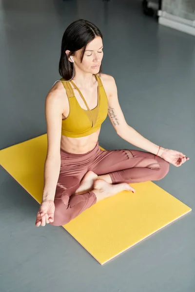 High Angle Portrait Contemporary Woman Doing Yoga Sitting Lotus Position — Stock Photo, Image