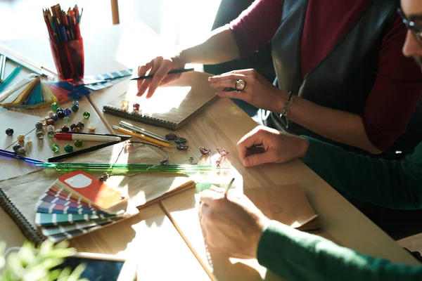 High Angle Closeup Two Creative Designers Working Project Together Sitting — Stock Photo, Image