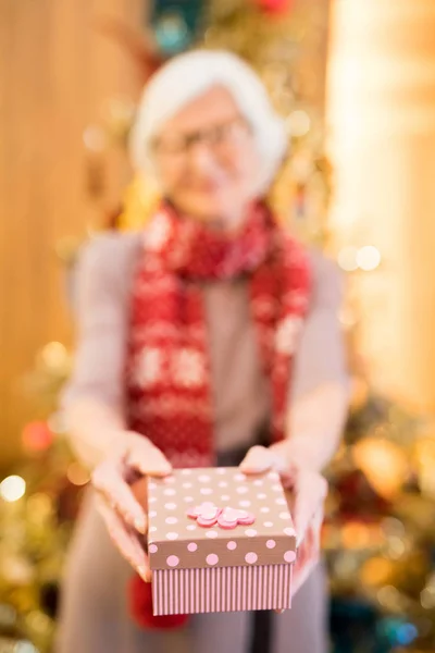 老太太送礼物在可爱的包与小心 专注于情人节礼物 — 图库照片