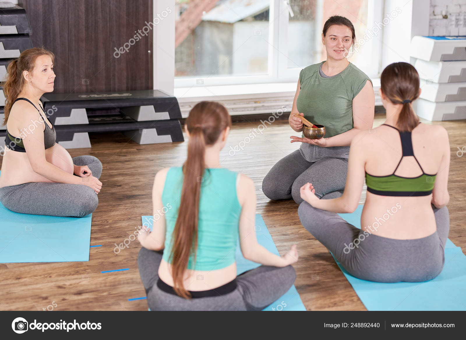 Back View Portrait Three Pregnant Young Women Listening Singing Bowls