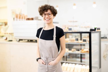 Neşeli kendinden emin güzel bayan barista kıvırcık saçlı fırıncılar mağazasında ayakta ve önlük ceplerinde el ele tutuşurken kameraya bakıyor