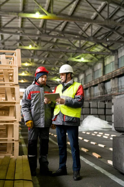 Full Längd Porträtt Mogen Arbetstagare Bär Varm Jacka Och Hardhat — Stockfoto