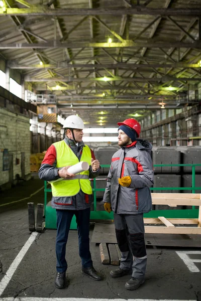 Full Längd Porträtt Två Industriarbetare Bär Varma Jackor Och Hardhats — Stockfoto