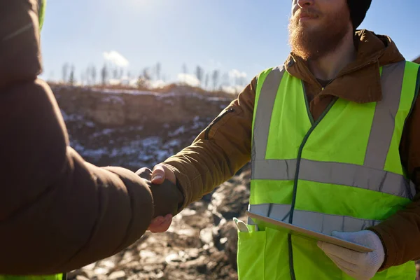 Mid Section Portrait Bearded Industrial Worker Wearing Reflective Jacket Shaking — Stock Photo, Image