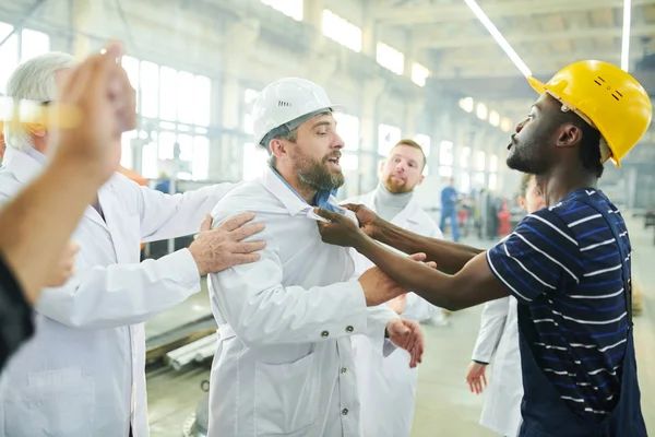 Waist Portrait Angry Factory Workers Fighting Managers Protest Industrial Workshop — Stock Photo, Image