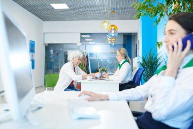 İş yerinde yöneticileri ile küçük banka ofisi: yeşil boyun eşarp gülümseyen sarışın banka uzmanı masada oturan ve arka planda kredi kartı kullanan kıdemli bayan ise ödeme terminali tutarak