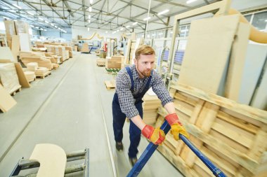 İçerik yakışıklı genç işçi genel giyen iş eldivenleri parçaları taşırken fabrika depo üzerinde palet jakı iterek