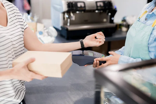 Side View Shot Unrecognizable Woman Paying Nfc Smart Watch Her — Stock Photo, Image