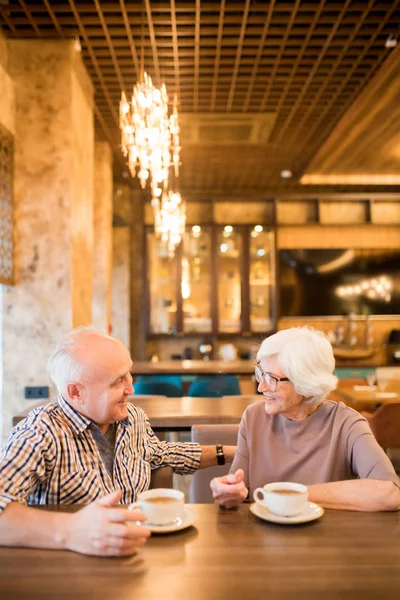 カフェでデートする陽気な興奮したシニアカップル 彼らは木製のテーブルに座って お互いにおしゃべりしながらお茶を飲みます — ストック写真