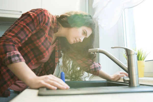 Serious Concentrated Young Woman Checkered Shirt Checking Faucet While Having — Stock Photo, Image