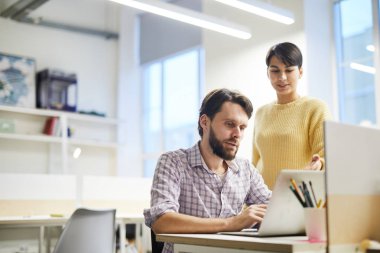 Sakallı Yöneticisi ile proje tartışırken iş arkadaşı ve ifade görüş laptop ekranında işaret Kazak içerik çekici Bayan