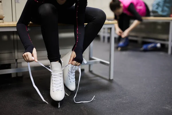 Portrait Unrecognizable Girl Tying Skating Shoe Dressing Room Practice Copy — Stock Photo, Image