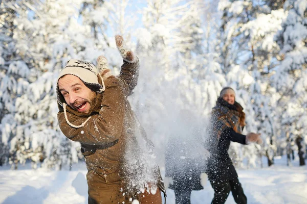 Portrait Happy Family Enjoying Snowball Fight Beautiful Winter Forest Focus — Stock Photo, Image